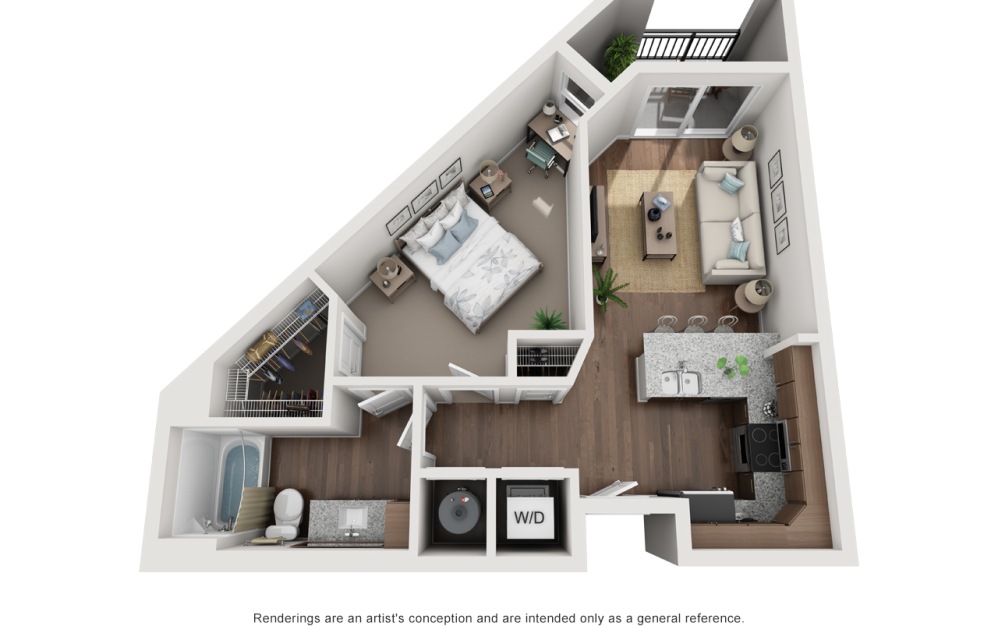 A1C - 1 bedroom floorplan layout with 1 bathroom and 728 square feet