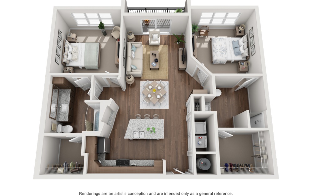 #107 - 2 bedroom floorplan layout with 2 bathrooms and 1296 square feet